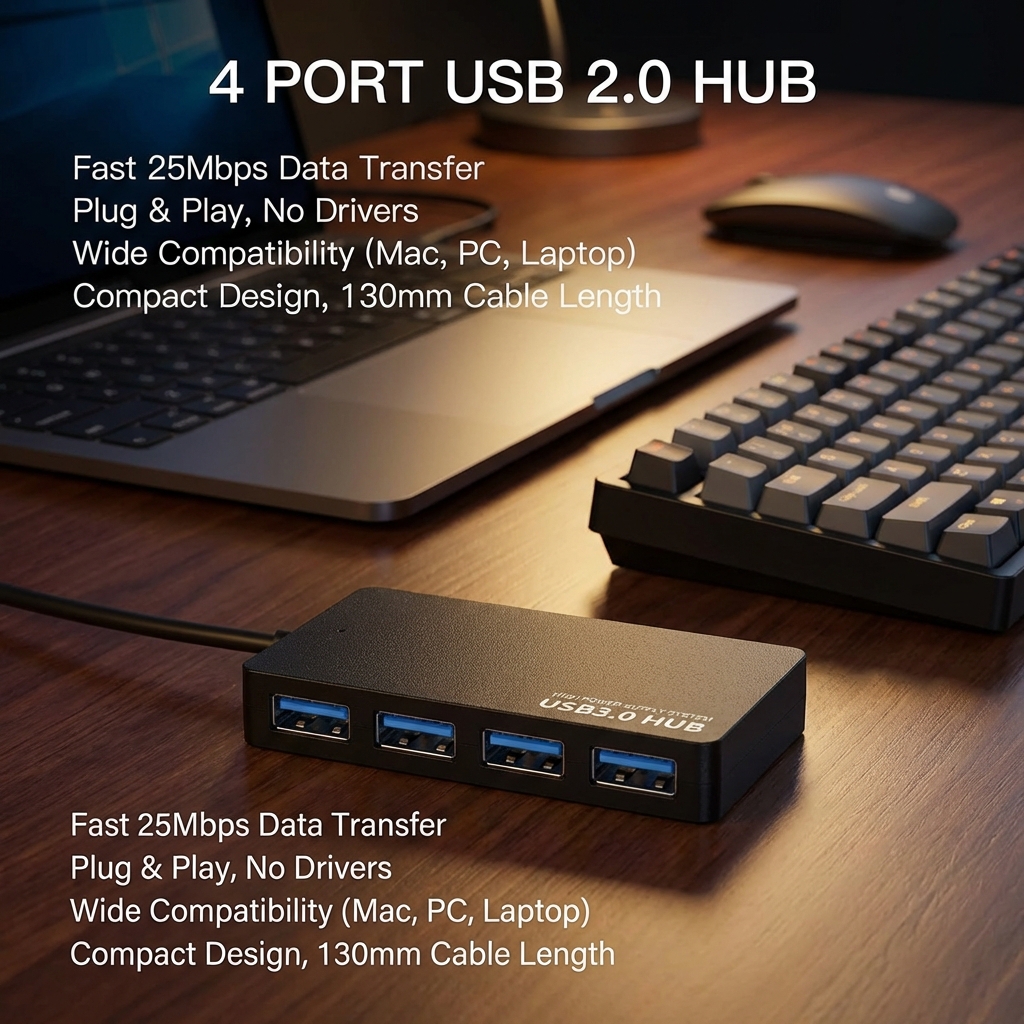 Laptop Accessories Hub - High-Speed USB 2.0 Hub 4-Port Data
