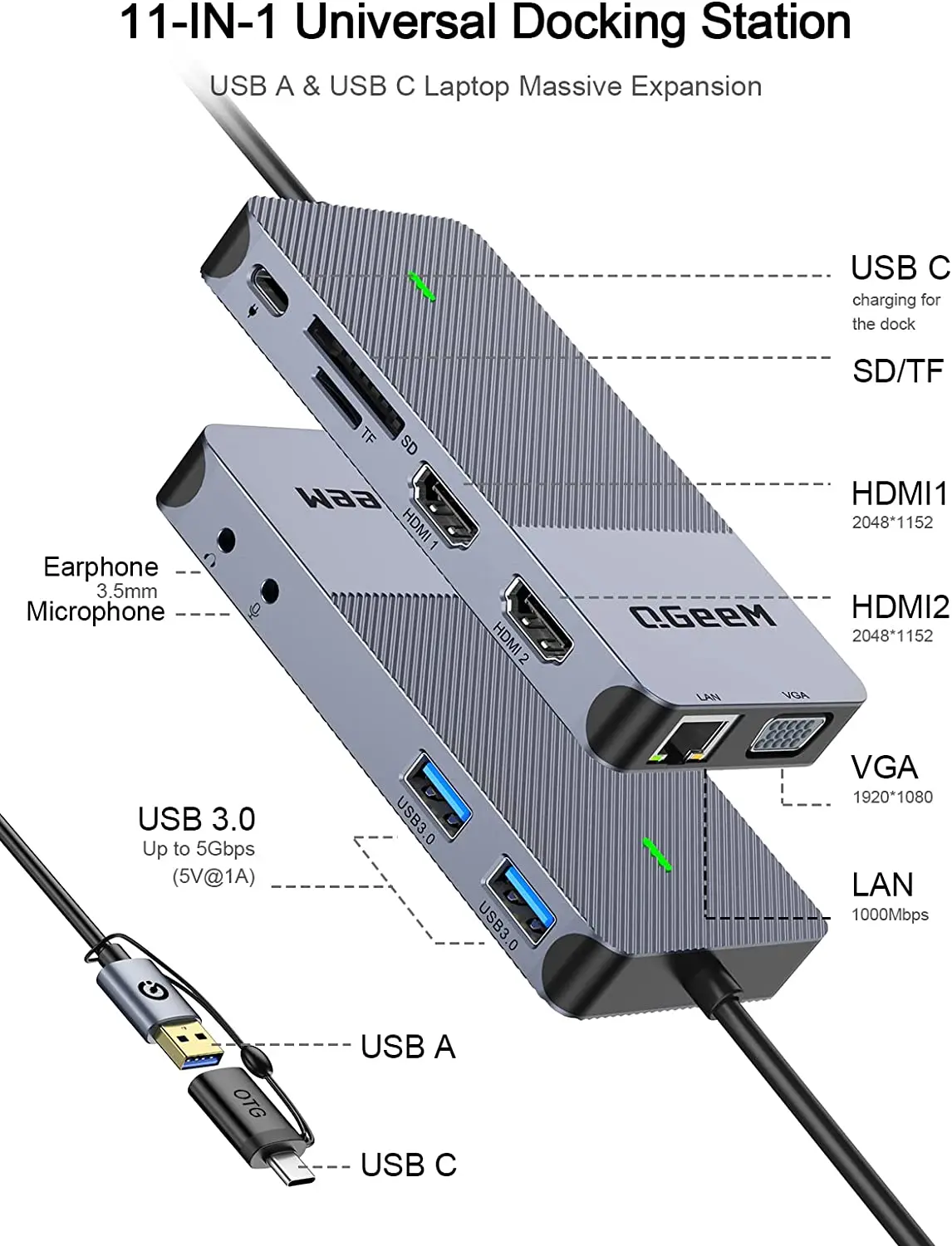QGeeM USB 3.0 Docking Station, - مراجعة Laptop Accessories Hub وسعره